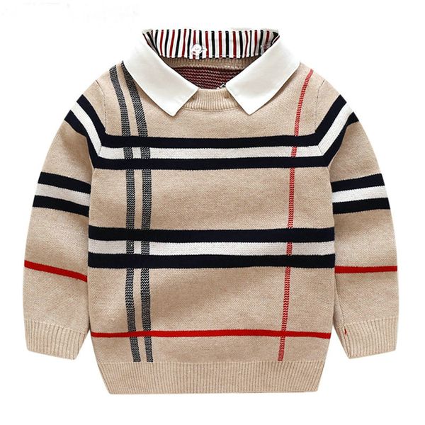 Enfants chandails automne Plaid enfant en bas âge garçon pull à manches longues faux deux pièces tricoté garçons pull enfants vêtements 2-7Y