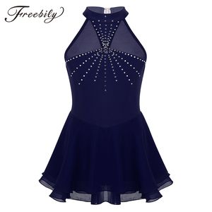 Enfants adolescents sans manches licou strass brillants maille épissure robe de patinage artistique filles Ballet gymnastique justaucorps vêtements de danse