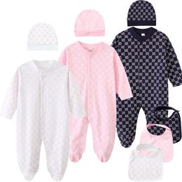 Kids Peuter Baby Romper Babykleding Sets Jongens Meisjes Volledige Mouw Katoen Zacht Jumpsuits Rompertjes Hoed Bib 3 stks/set Pak