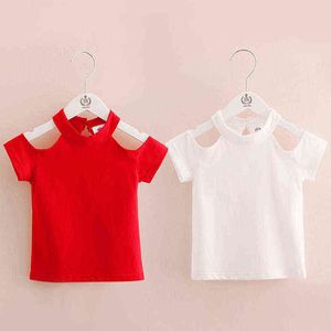 Enfants Tops Sans Bretelles 2021 Été 2-10 Ans Vêtements Pour Enfants Plage Rouge Blanc O-cou Coton T-shirt À Manches Courtes Pour Bébé Filles G1224