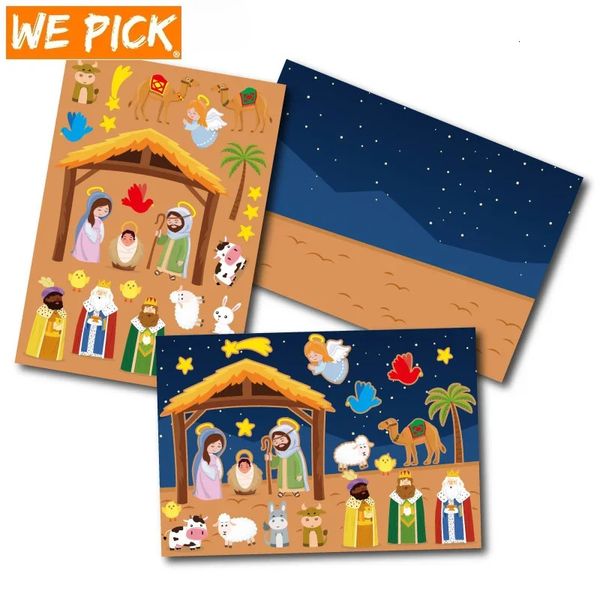 Autocollants jouets pour enfants 24 feuilles autocollants de la Nativité pour les enfants bricolage jeux de puzzle jouets enfants faire une scène de la Nativité autocollants drôles cadeaux d'artisanat de Noël 231122