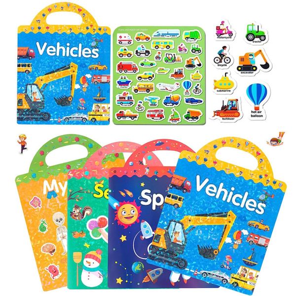 Lot de 4 autocollants de jouets pour enfants, livres d'autocollants réutilisables, jouets 3D clairs, animaux spatiaux, livre de dinosaures, apprentissage éducatif pour enfants, cadeaux 230711