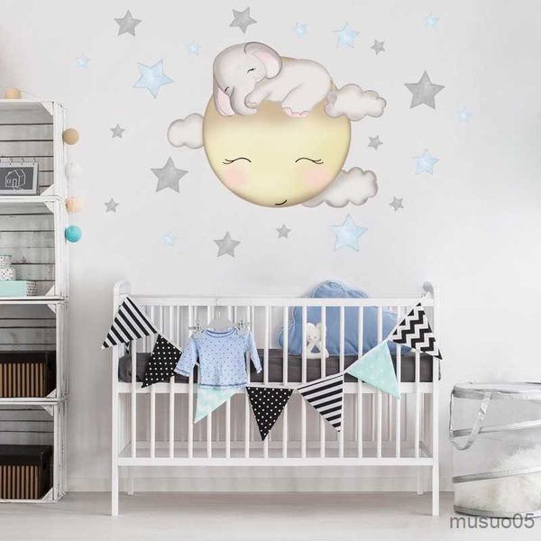 Autocollants de jouets pour enfants Autocollants muraux d'étoiles d'éléphant de dessin animé pour chambre d'enfant Décoration de chambre de bébé Stickers muraux Nuage Lune Étoiles Autocollants de maison