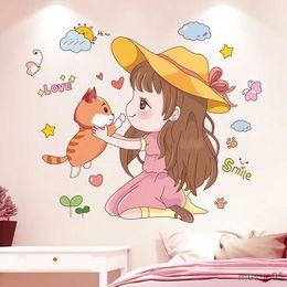 Speelgoedstickers voor kinderen cartoon meisje muurstickers diy kat dieren muur decor stickers voor kinderkamers baby slaapkamer kinderen kinderdagverblijfhuis decoratie