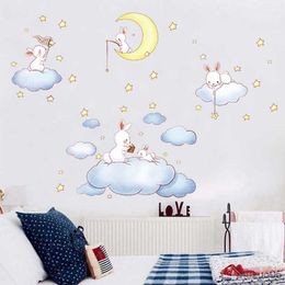 Pegatinas de juguete para niños Conejos de dibujos animados en las lunas Nubes Pegatinas de pared Tamaño grande Decoración de la habitación del bebé Niños Pegatina para dormir Decoración del hogar para la habitación de los niños