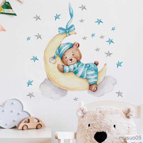 Autocollants de jouets pour enfants mignons dormant sur la lune ours en peluche Stickers muraux pour chambre de bébé enfants enfants chambre décoration murale décalcomanie décoration de la maison Art mural