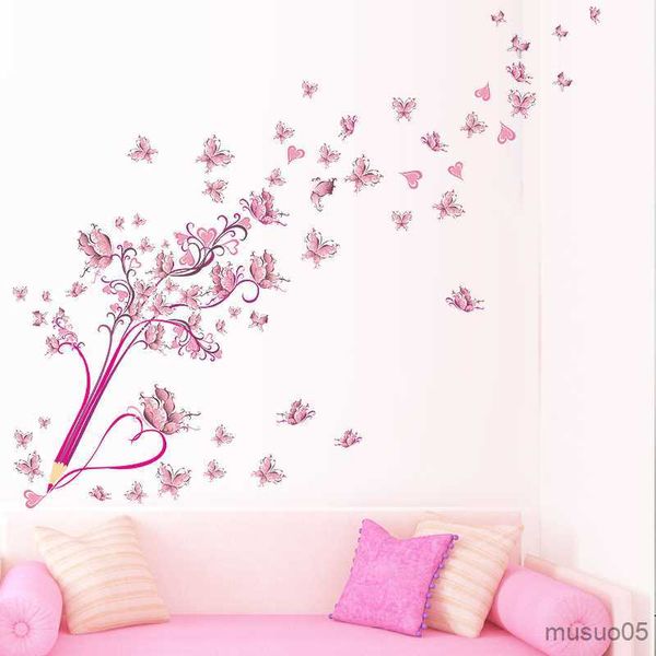 Pegatinas de juguete para niños, lápiz fantástico, mariposas, flores, pegatinas de pared, calcomanías de arte para habitación de niñas, dormitorio de niños, decoración del hogar, Mural Diy