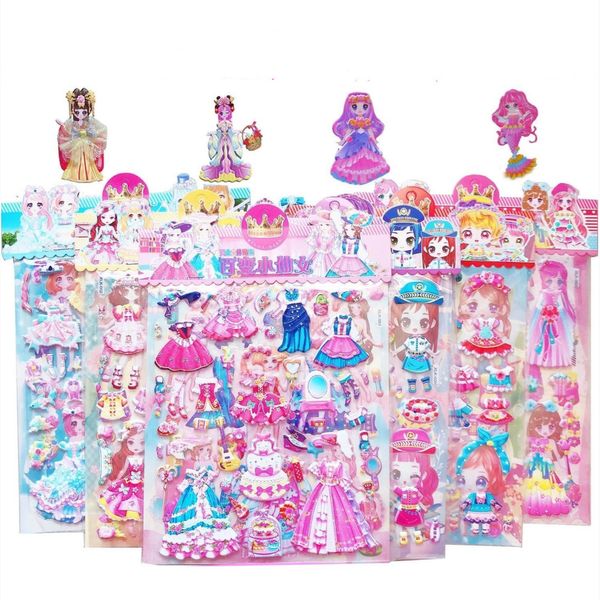 Autocollants de jouets pour enfants Princesse Dress Up Ensembles de poupées Double couche Filles Enfants 3D Kawaii Autocollant Grand papier à bulles Récompenses Jouets Divers styles 230711