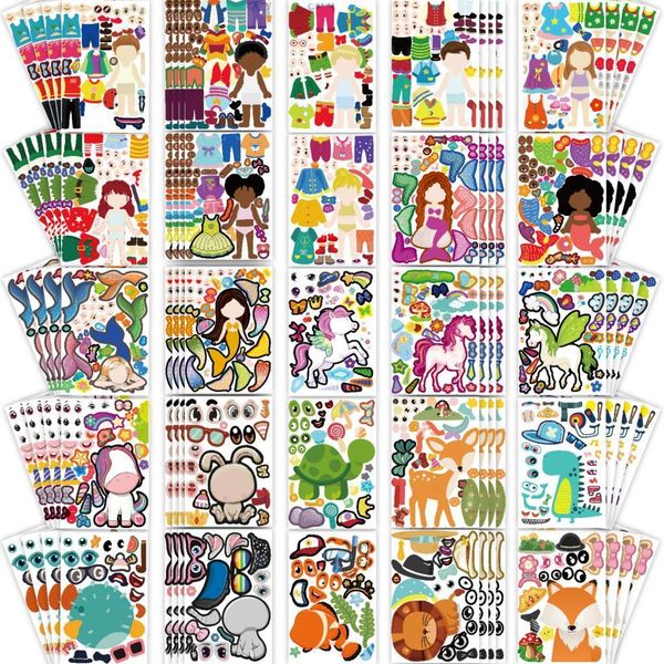 Enfants Jouet Autocollants En Gros 100 SheetsLot DIY Puzzle Jeux MakeaFace Licorne Princesse Autocollant pour Bébé Reconnaissance Education Jouets 230213