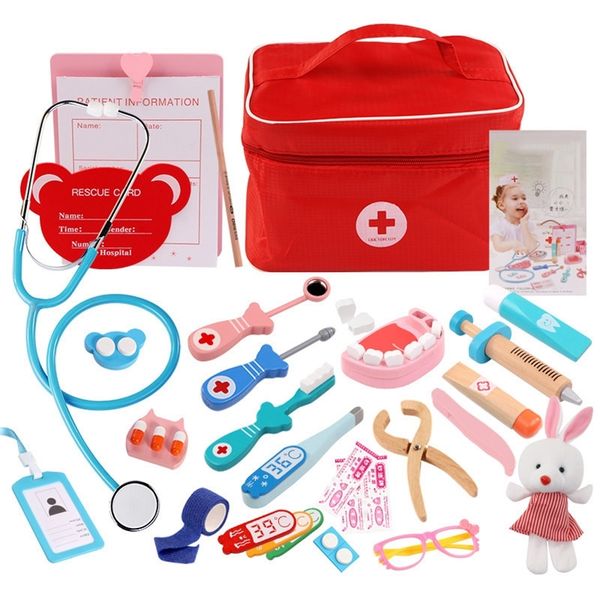 Juguetes para niños Doctor Enfermera Set para niños Kit Juegos divertidos Niñas Niños Juego de imaginación Madera Cosplay Dentista Medicina Caja Bolsa de tela LJ201214