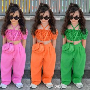 Kids Tracksuit Summer Ins Two -Piece Set Fashion Hater Geplooide Bubble Sleeve Crop Top en rechte broek 2 stks Sets Casual pak Kinderen babykleding