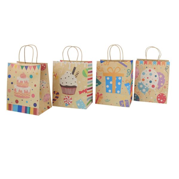 Niños asas retorcidas Protección del medio ambiente Kraft Party Candy Tote Bags Cute Happy Birthday Gift Cartoon Paper Bag A373