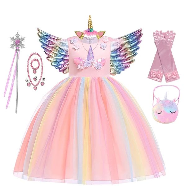 Kids Unicorn Robe For Girls Flower Appliques Robe de bal Costumes de fête élégante Petite fille Princesse robe Enfants Vêtements 240504