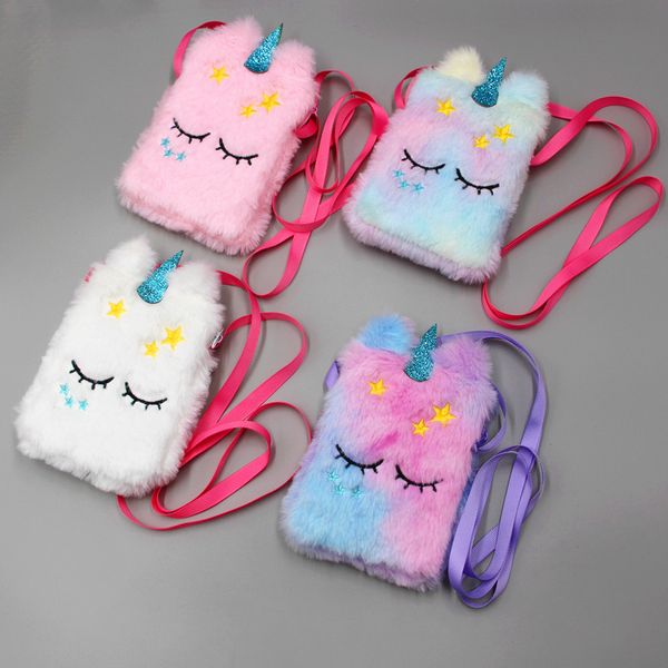 Sac à bandoulière en peluche pour enfants, licornes, filles, dessin animé, yeux endormis, broderie licorne, sac à bandoulière pour tout-petits, porte-monnaie pour enfants, sacs de dessin animé en plein air, rose blanc, 4 couleurs