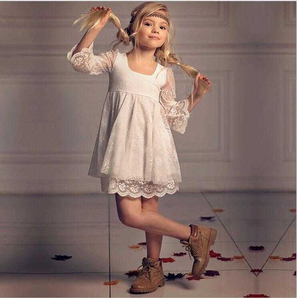 Enfants robe de mariée pour filles de fleurs dentelle été voile manches évasées fée princesse vieux ins mode vestido fête 210529