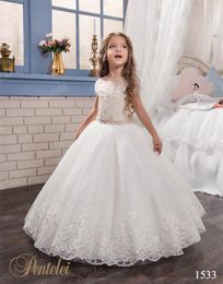 Robes de mariée pour enfants avec mancherons et ceinture perlée 2021 Pentelei Appliques Tulle Princesse Robes de filles de fleur pour les mariages4134372