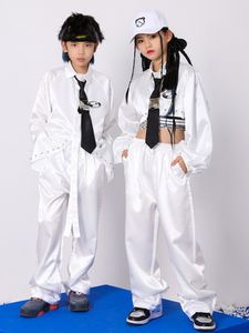 Enfants à manches longues blanches Pantalons de chemise en satin kpop vêtements hip hop garçons filles jazz dance costume moderne street danse wear bl9594