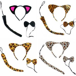 Niños Wildlife Tree Plush Zoo Animal Ears Diadema + Cola + Pajaritas Set Leopard Devil Disfraz Accesorios Vestido de fiesta Decoración de Halloween WX9-404