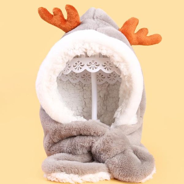 Enfants hiver 2 en 1 bois en peluche chapeau garçon fille chaud doux écharpe casquette bébé épais oreillette capuche enveloppement pour 2Y-6Y enfants rose gris Beige kaki