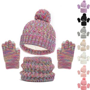 Enfants hiver chapeau gants écharpe ensemble filles enfant en bas âge enfants chapeaux avec Pom tricot cou plus chaud guêtre mitaines polaire doublé ensembles 240113