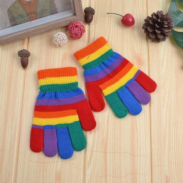 Guantes de invierno tejidos para niños, medio dedo, rayas coloridas del arco iris, mitones Harajuku para exteriores a prueba de viento, 5-15T226m