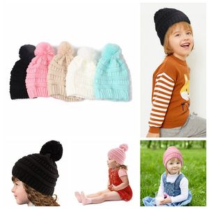 Kids Pompom Gebreide Mutsen Kinderen Chunky Skull Caps Winter Kabel Gebreide Slouchy Haak Hoeden Outdoor Warme Mutsen CCA