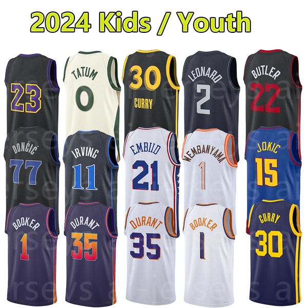Kids Youth Basketball Jerseys 30 Curry 35 Durant 77 Doncic 11 Irving 21 Embiid 1 Wembanyama 15 Jokic 1 Booker 2 Leonard 0 Tatum 22 Butler Taille cousée S M L XL