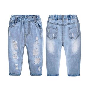 Kidscool Space Baby Child Boys Ripped Hole Jeans Peuter Kids Elastische Taille Distressed Denim Pants G1220