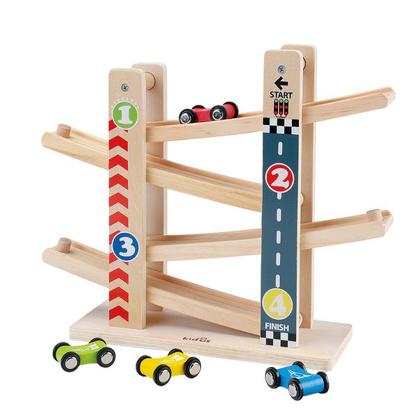 Kidus Ramp Race Track Voitures de course en bois Voitures de course Jouet cadeau avec 4 voitures Jouets pour enfants Diecasts LJ200930