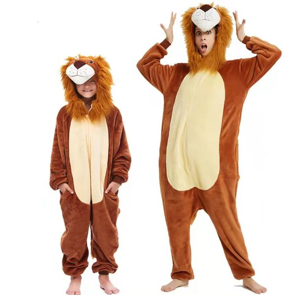 Kigurumi Lion Onesies Disfraces de Halloween para niños adultos Flanela Jumpón cálido Mujeres Unicornio Pajamas Animales Pajamas Baby Couts 240507