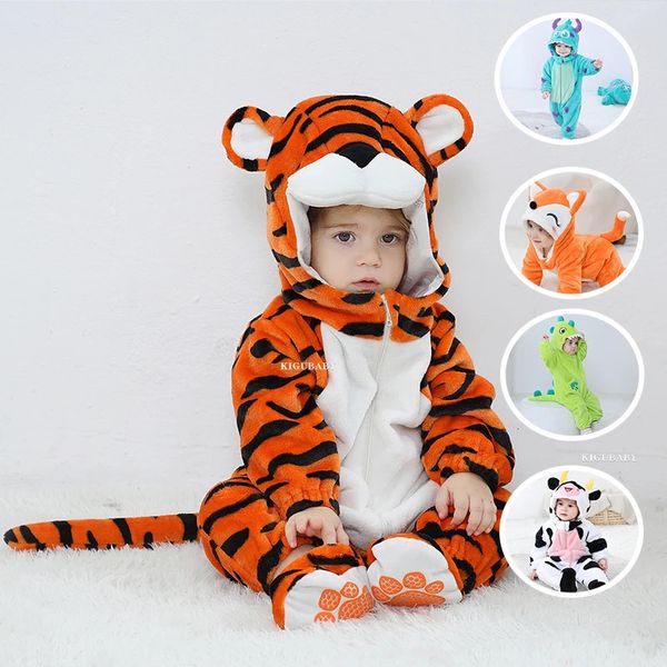 Kigurumis Tiger Baby Girls Ropa Mameluco Encantador Bebé Onesie Body Dibujos animados Nacido Cremallera Con Capucha Monos de franela 240116