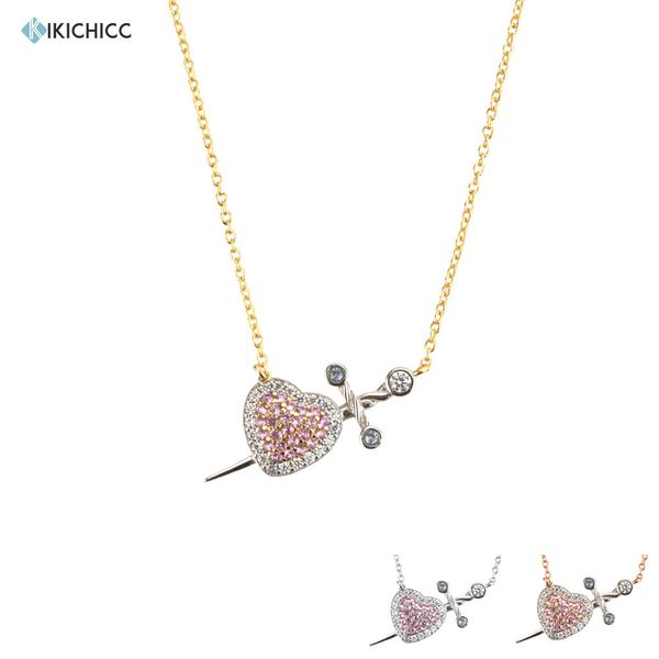 KIKICHICC 925 Sterling Silver Gold Heart Pendant Pierce Your Heart Pink Clear Long Chain Necklace 2021 Wedding Valentiens Gift Q0531