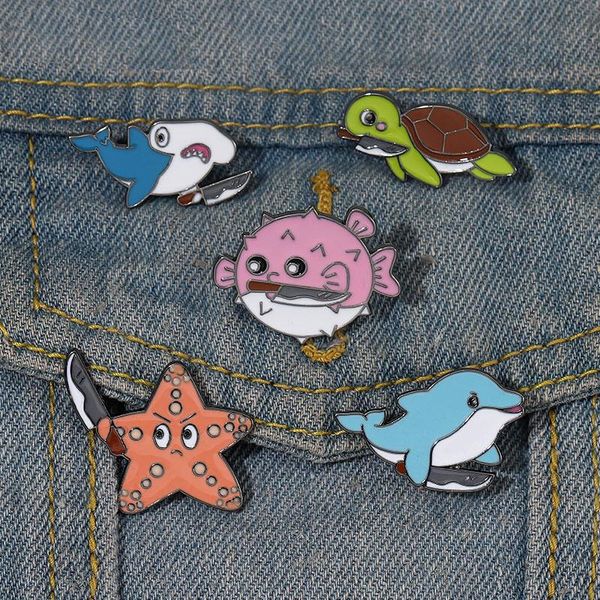 Tueur de l'océan Emage en émail Dolphin Puffer Fish Fish Turtle Shark Starfisf Broche Badges de revers Bijoux Animal Gift For Kids Friends