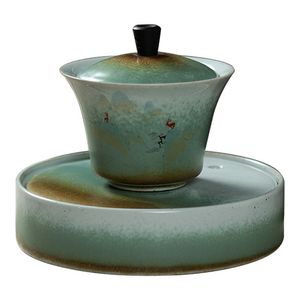 Cambio de horno sancai gaiwan taza de té de estilo japonés, tazón, olla, plato de burbujas secas de cerámica vintage, tazón de té grande, accesorio sopera