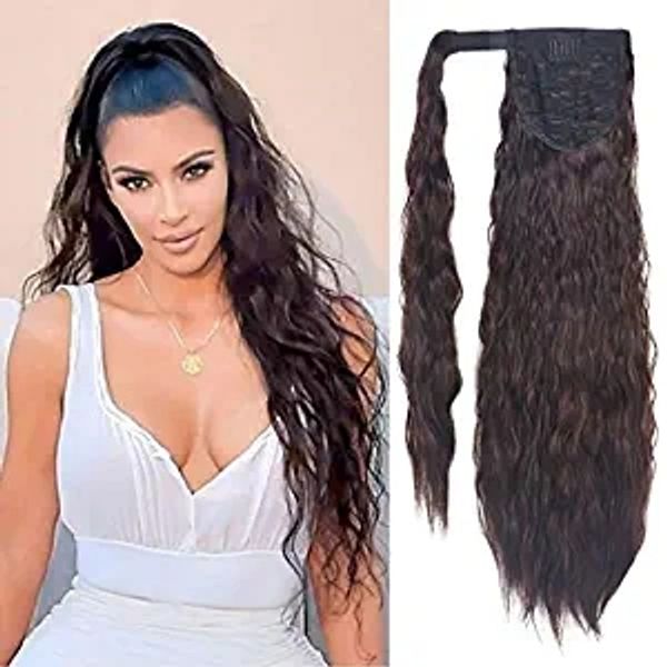 Kim kardashian Clip en extensión de cola de caballo Largo Recto Rizado Grueso Cabello rizado Esponjoso Cola de caballo Envoltura alrededor de colas de caballo de cabello humano