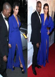 Kim Kardashian Deep V couche à manches longues Royal Bleu côté fente Longueur du sol rouge Robes de célébrité robes de soirée robes de bal