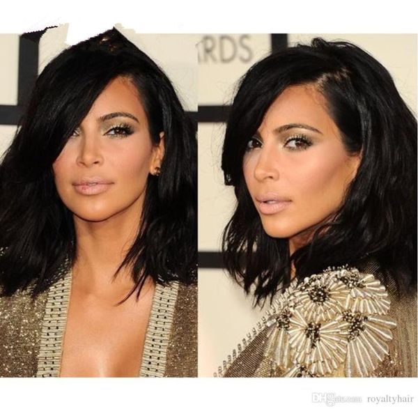 Kim Kardashian Style Bob Cut Human Brazilian Hair Lace Pelera delantera Corta Wavy Full Lace Hair Wig para mujeres negras2773158