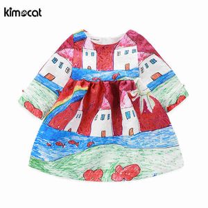 Kimocat herfst lente lange mouw meisje cartoon print jurk prinses jurk kinderkleding bloemenprint vintage peuter Q0716