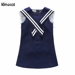 Kimocat Mädchen Sommer Blau Marinestreifen Ärmellos Süßes Prinzessinkleid Koreanischer Stil für Baby Mädchen Designer Formelles Partykleid Kind Q0716