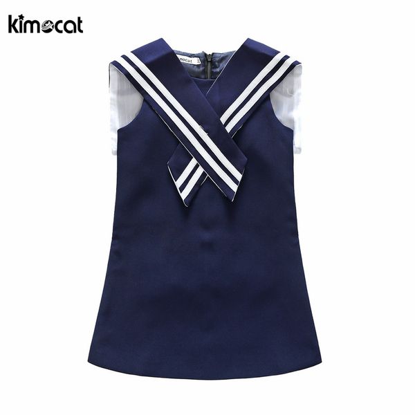 Kimocat Girl Summer Blue Naval raya sin mangas Lindo vestido de princesa estilo coreano para niñas bebés Designer Formal Party Dress Kid Q0716