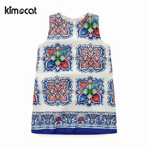 Kimocat été filles robe imprimé fleuri robes pour filles Vintage enfant en bas âge bleu et blanc porcelaine broderie style chinois Q0716