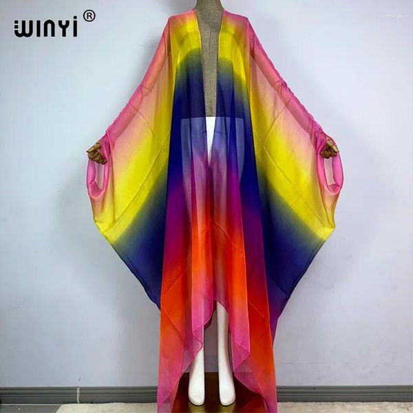 Kimono África Boho Arco Iris impreso perspectiva Sexy hasta el suelo cárdigan vacaciones Maxi ropa de playa traje de baño vestido de noche