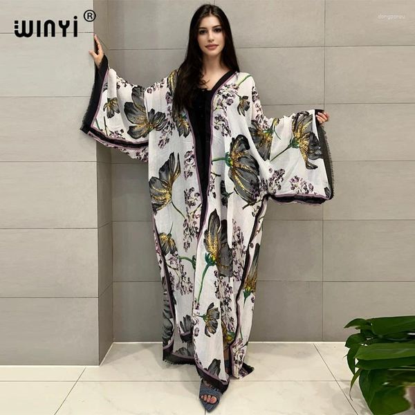 Kimono Beach Wear Women Sexy Robe Cover Up Cardigan Stamping Retro Print Coat Abayas Dubai Luxury Muslim