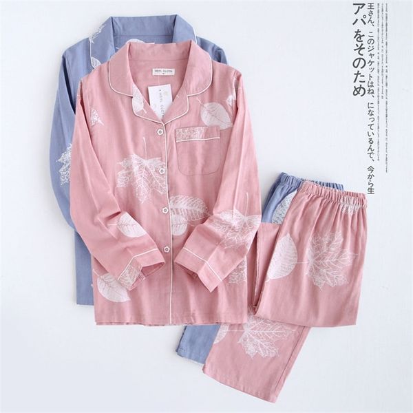 Kimono femme hoja de arce conjuntos de pijamas mujeres 100% gasa algodón manga larga ropa de dormir casual pijamas otoño venta 220329