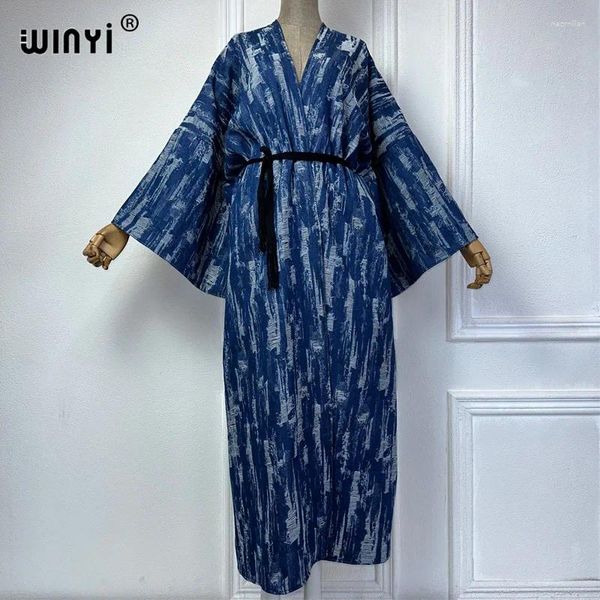 Kimono Faire un vieux cardigan denim Femmes Long Down Coat Maxi Robe Elegant Party Holiday Swimming Cover Up Fashion