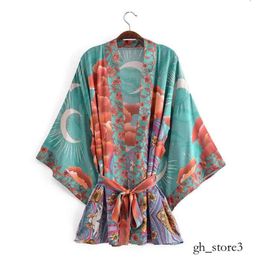 Kimono imprimé lune, Style fin, chemises d'été pour femmes, mode ouverte sur le devant, épaules tombantes, chemisiers amples avec ceintures, 529