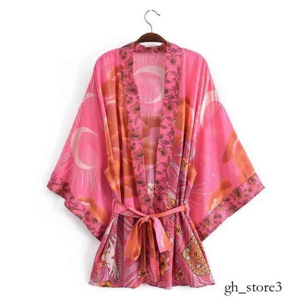 Kimono imprimé lune, Style fin, chemises d'été pour femmes, mode ouverte sur le devant, épaules tombantes, chemisiers amples avec ceintures, 196