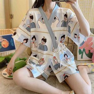 Kimono Pyjamas pour femmes coton confortable homewear manches courtes Japon Anime Mujer rose pêche Harajuku filles vêtements de nuit 210830