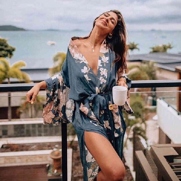 Robe à manches kimono Kaftan Kaki Imprimé floral Boho cardigan sexy Side Slits Gypsy plage été longues femmes blouses blusas 210415