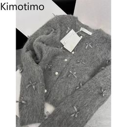 Kimotimo Grijze Strik Trui Herfst Winter Vrouwen Temperament Hoogwaardige Zachte Kleverige Mohair Gebreide Vest Geurige Jas 240219